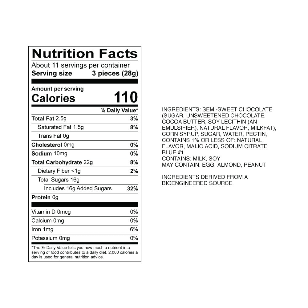 Sweet's Dark Chocolate Blueberry Sticks Nutrition Panel & Ingredients