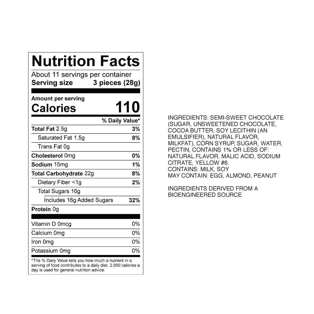 Sweet's Dark Chocolate Orange Sticks Nutrition Panel & Ingredients
