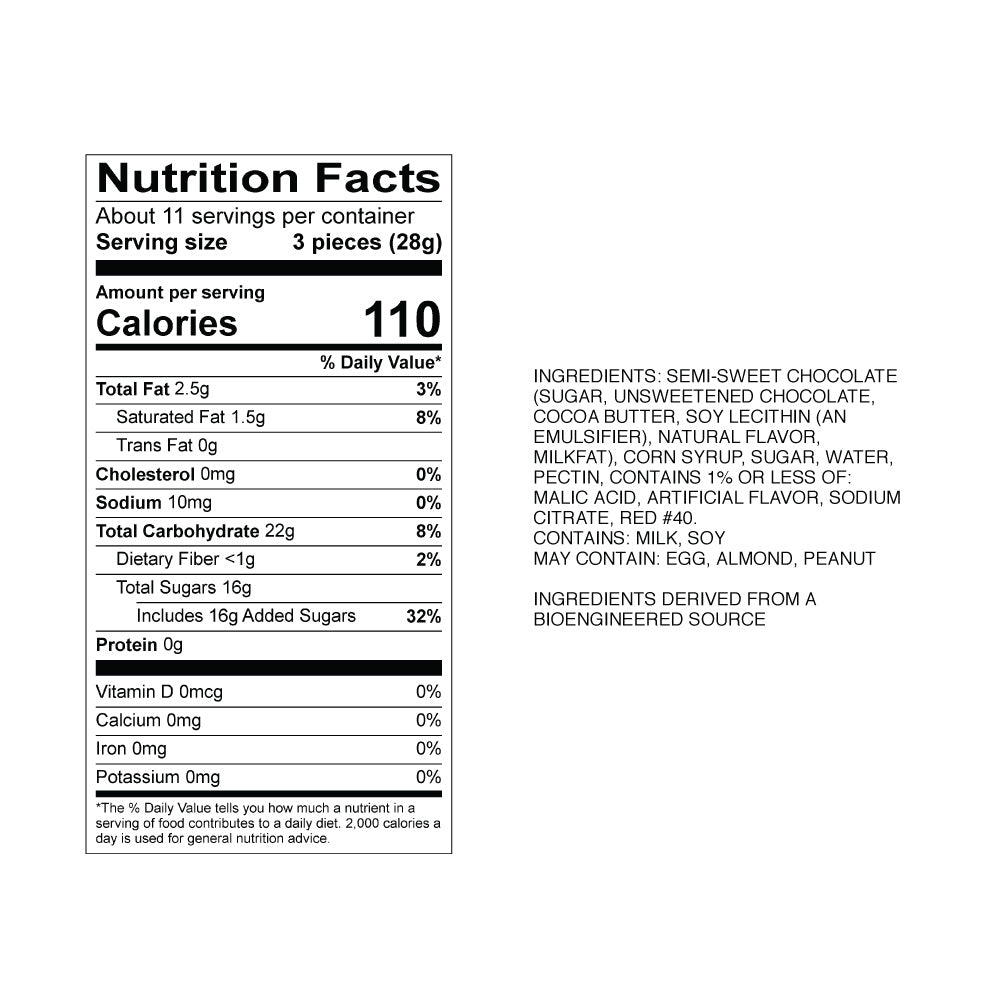 Sweet's Dark Chocolate Cherry Sticks Nutrition Panel & Ingredients