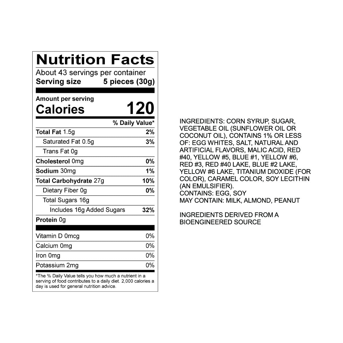 Sweet's Assorted Taffy Nutrition Fact Panel & Ingredients for the NET WT 2.82LB (1.28kg) Bulk Bag