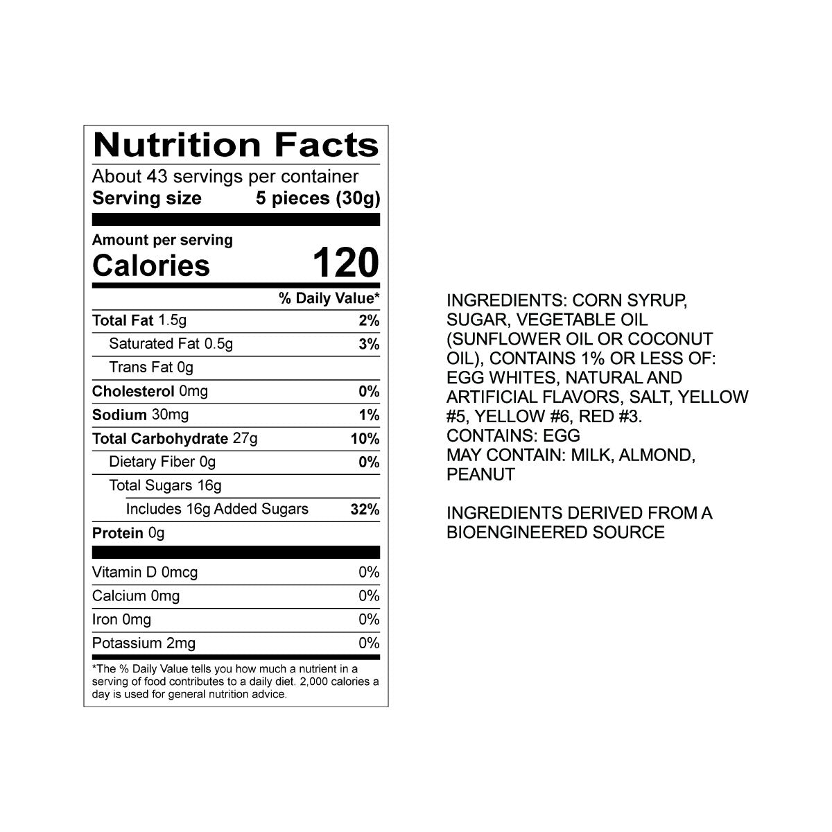 Sweet's Candy Corn Taffy Nutrition Fact Panel & Ingredients for the NET WT 2.82LB (1.28kg) Bulk Bag