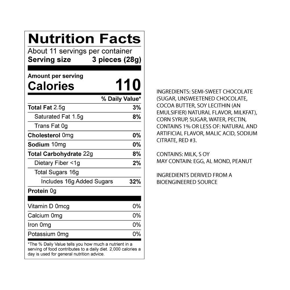 Sweet's Dark Chocolate Raspberry Sticks Nutrition Panel & Ingredients