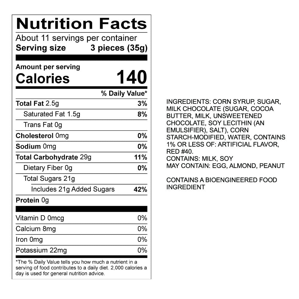 Chocolate Covered Cinnamon Bears 14oz Nutrition Panel & Ingredients
