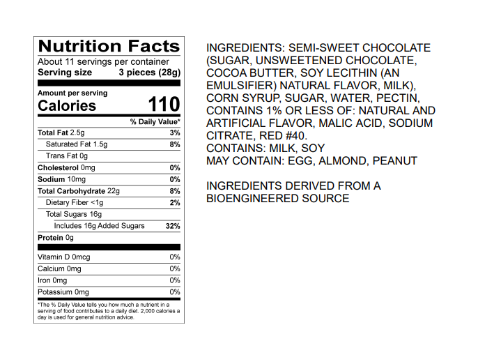 Nutrition facts and ingredients label for Dark Chocolate Raspberry Sticks