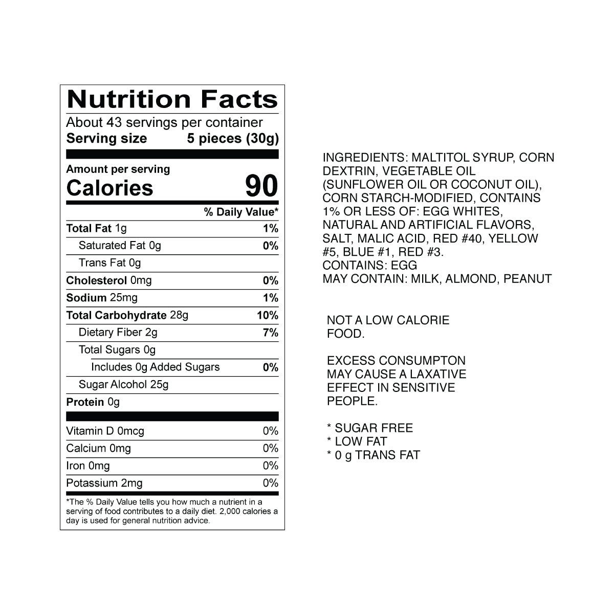 Sweet's Sugar Free Taffy, Assorted Nutrition Fact Panel & Ingredients for the NET WT 2.82LB (1.28kg) Bulk Bag
