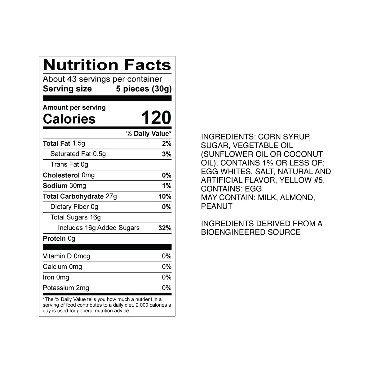 Sweet's Banana Taffy Nutrition Fact Panel & Ingredients for the NET WT 2.82LB (1.28kg) Bulk Bag