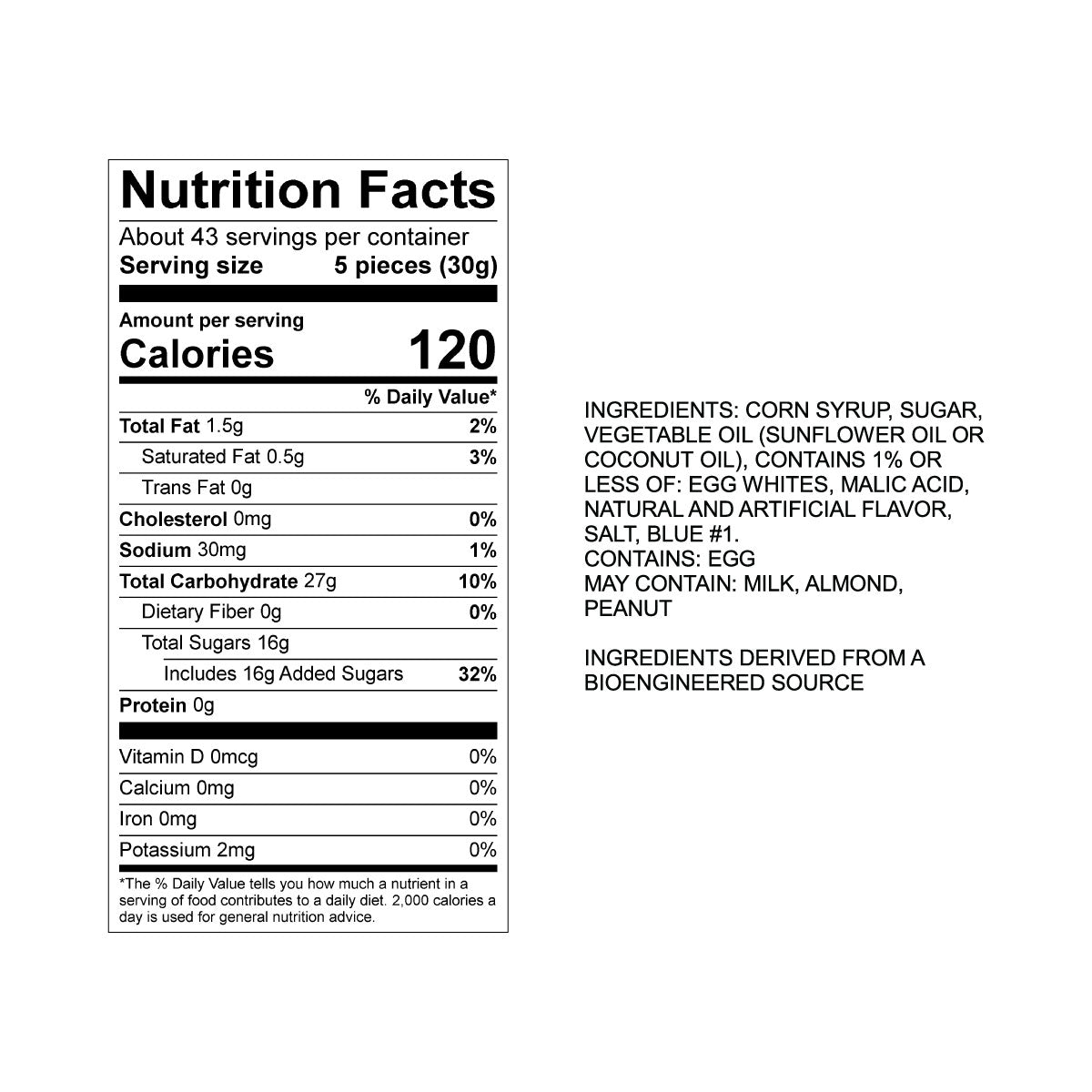 Sweet's Blue Raspberry Taffy Nutrition Fact Panel & Ingredients for the NET WT 2.82LB (1.28kg) Bulk Bag