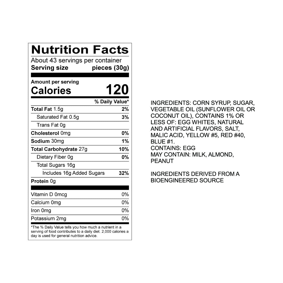 Sweet's Caramel Apple Taffy Nutrition Fact Panel & Ingredients for the NET WT 2.82LB (1.28kg) Bulk Bag