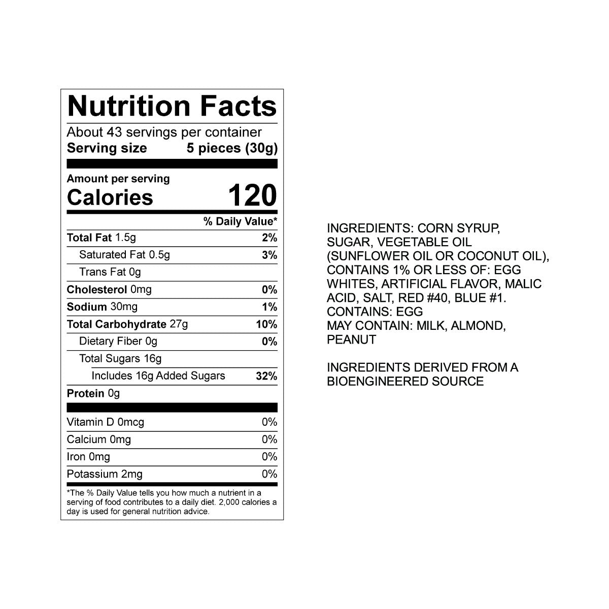 Sweet's Cherry Taffy Nutrition Fact Panel & Ingredients for the NET WT 2.82LB (1.28kg) Bulk Bag