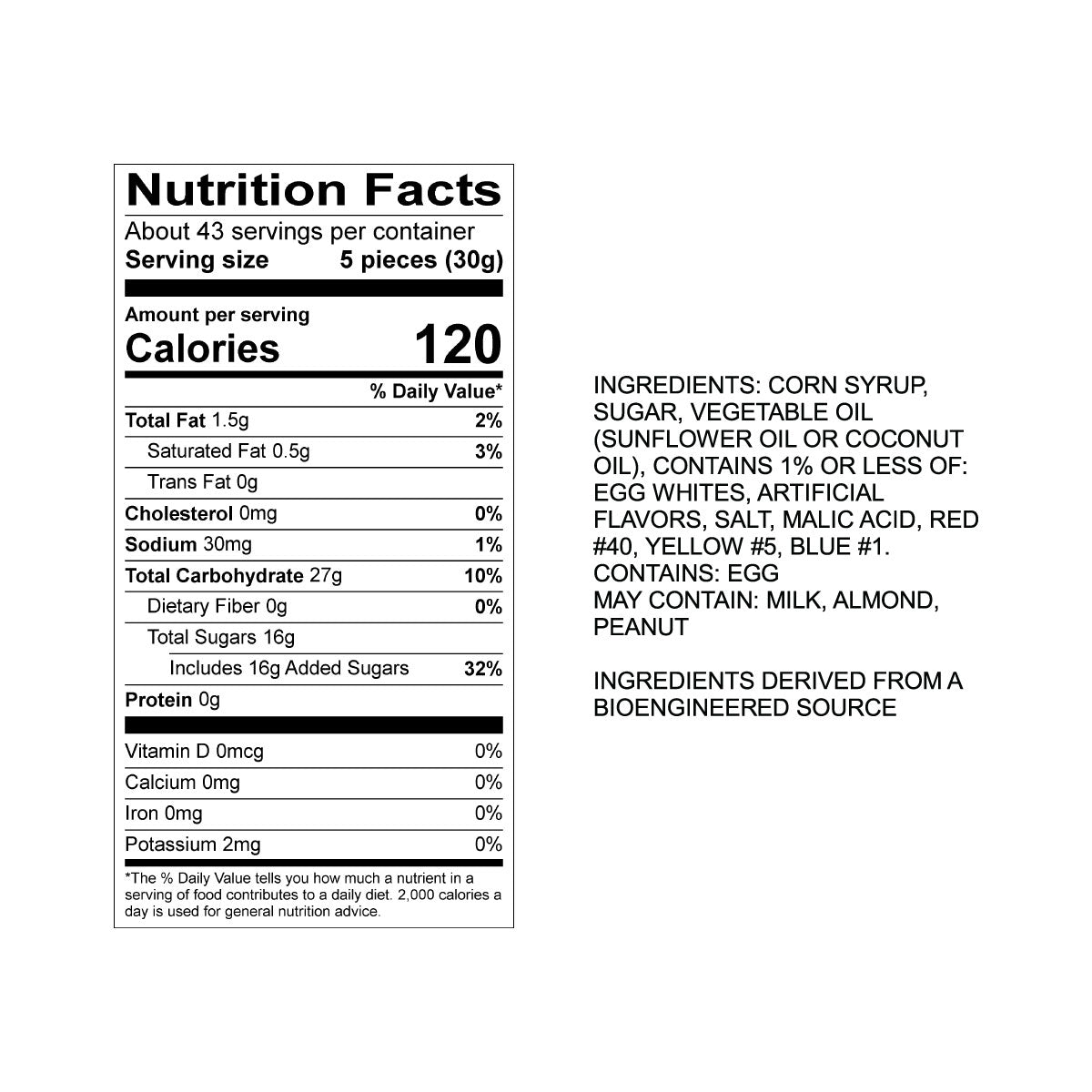 Sweet's Cherry Cola Taffy Nutrition Fact Panel & Ingredients for the NET WT 2.82LB (1.28kg) Bulk Bag