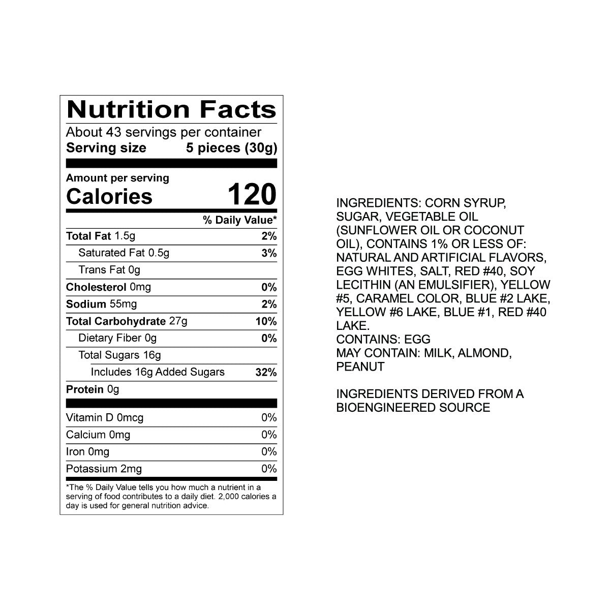 Sweet's Cookie Dough Taffy Nutrition Fact Panel & Ingredients for the NET WT 2.82LB (1.28kg) Bulk Bag