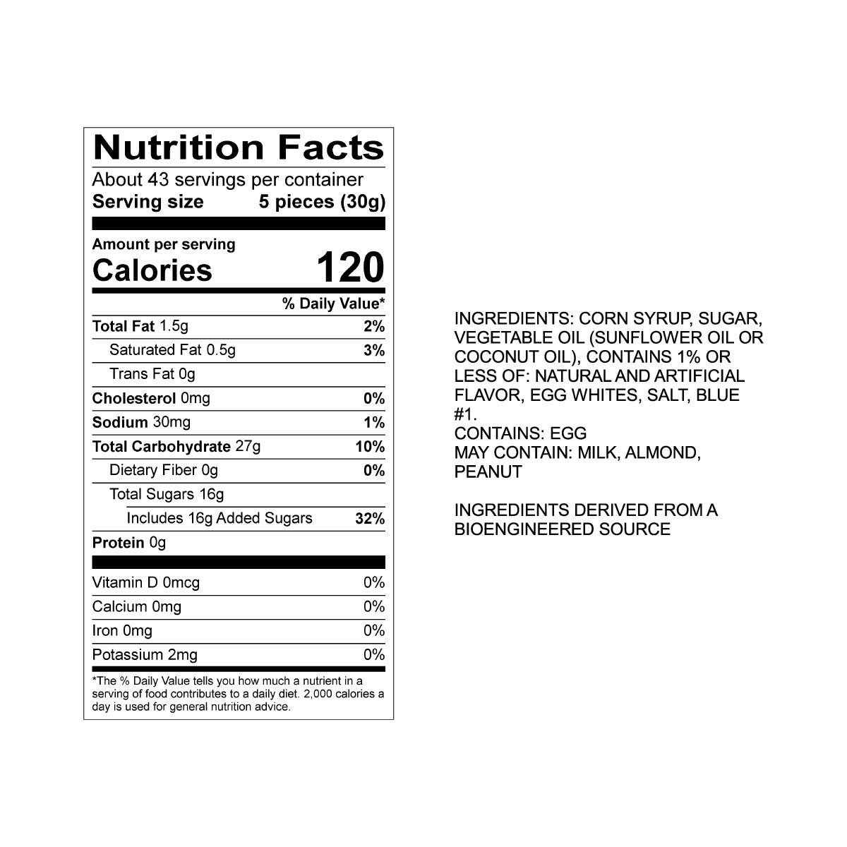 Sweet's Cotton Candy Taffy Nutrition Fact Panel & Ingredients for the NET WT 2.82LB (1.28kg) Bulk Bag