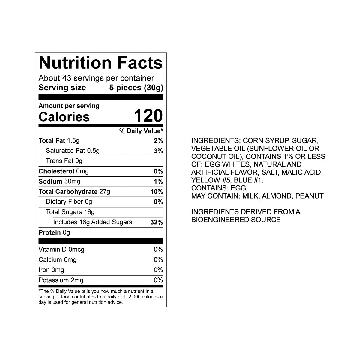 Sweet's Kiwi Coconut Taffy Nutrition Fact Panel & Ingredients for the NET WT 2.82LB (1.28kg) Bulk Bag