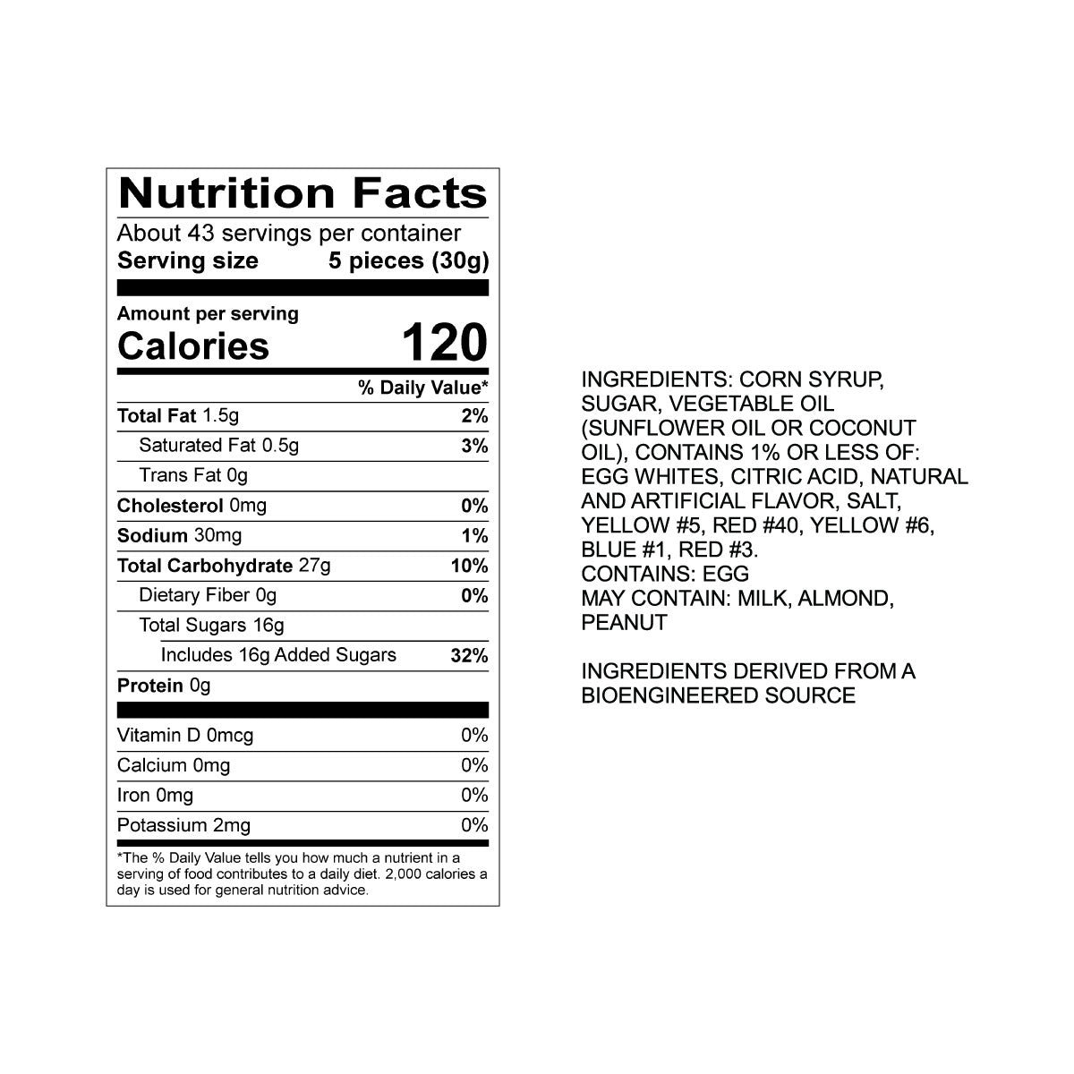 Sweet's Mango Chili Taffy Nutrition Fact Panel & Ingredients for the NET WT 2.82LB (1.28kg) Bulk Bag