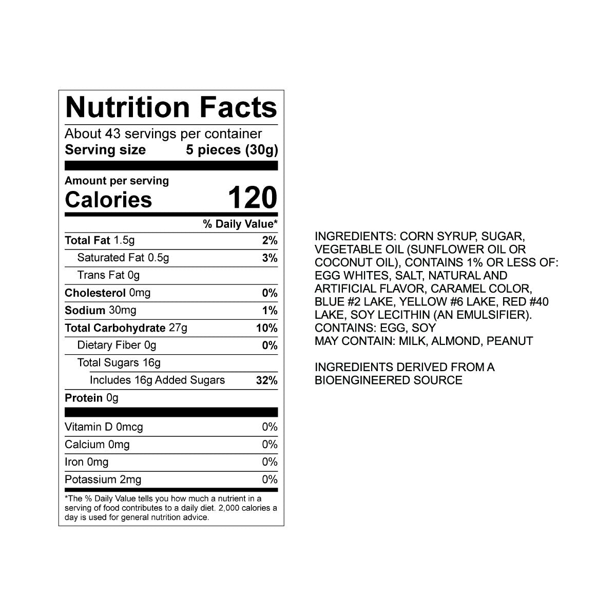 Sweet's Licorice Taffy Nutrition Fact Panel & Ingredients for the NET WT 2.82LB (1.28kg) Bulk Bag