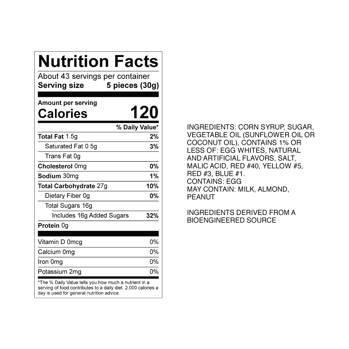 Sweet's Neapolitan Taffy Nutrition Fact Panel & Ingredients for the NET WT 2.82LB (1.28kg) Bulk Bag