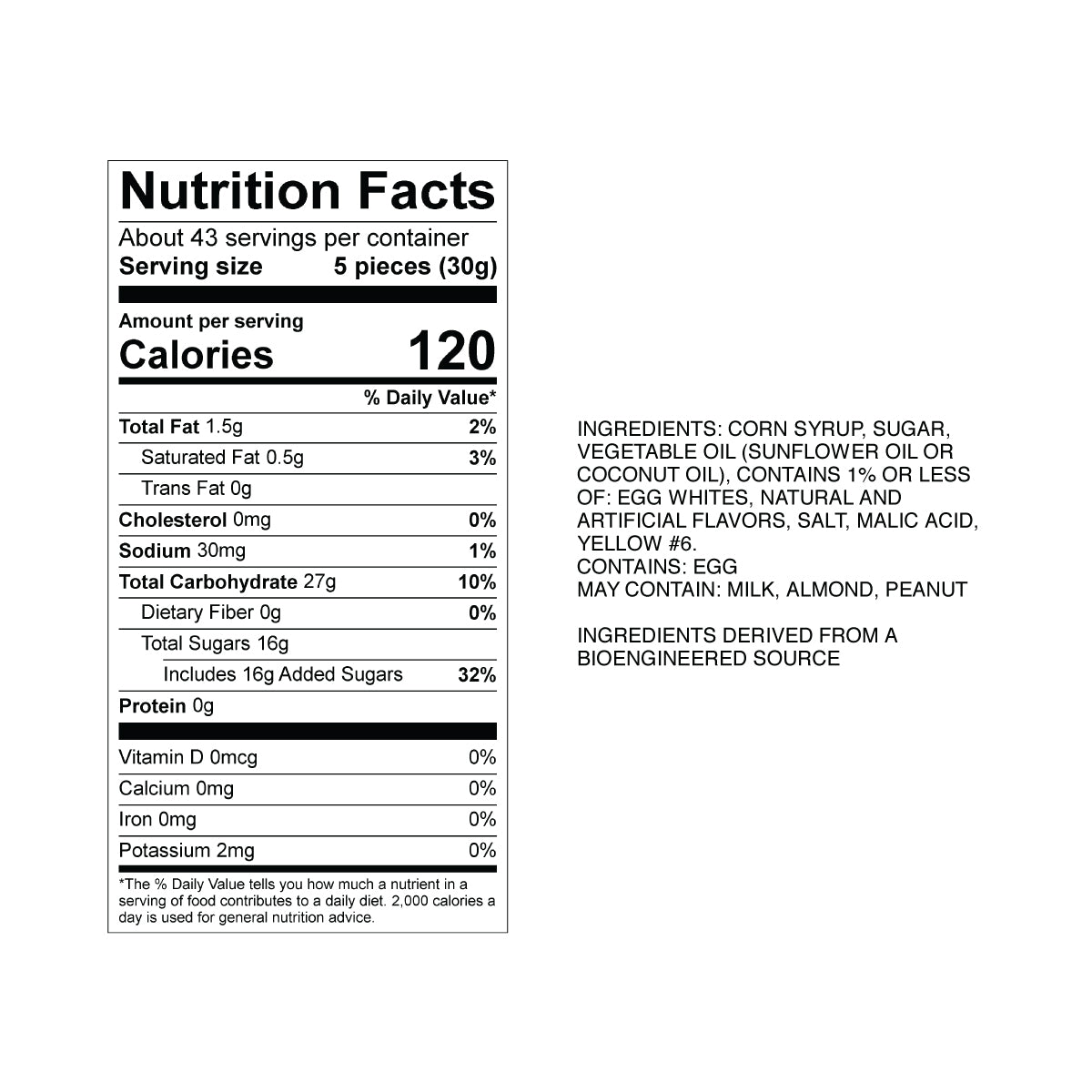Sweet's Orange Vanilla Taffy Nutrition Fact Panel & Ingredients for the NET WT 2.82LB (1.28kg) Bulk Bag