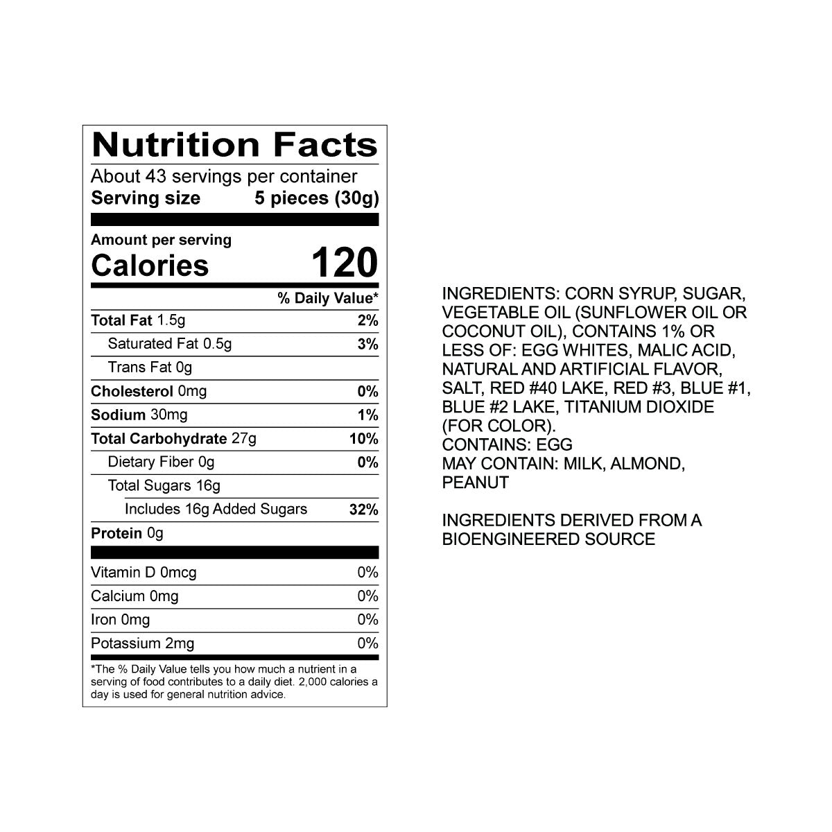 Sweet's Huckleberry Taffy Nutrition Fact Panel & Ingredients for the NET WT 2.82LB (1.28kg) Bulk Bag