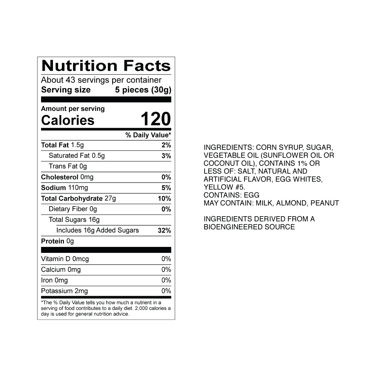 Sweet's Buttered Popcorn Taffy Nutrition Fact Panel & Ingredients for the NET WT 2.82LB (1.28kg) Bulk Bag