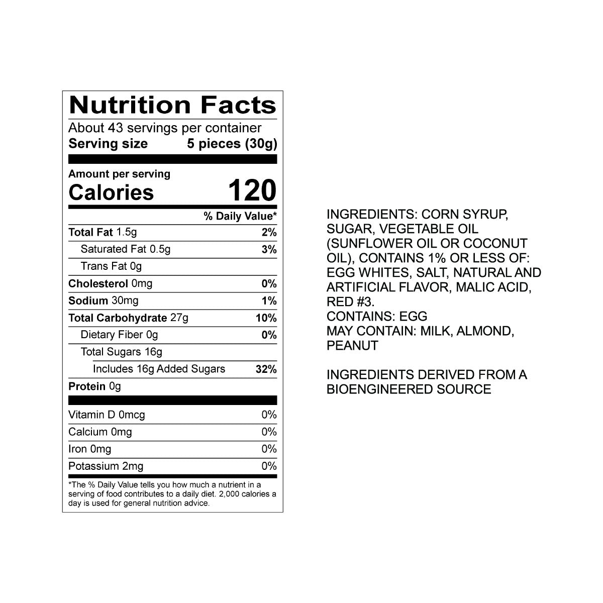 Sweet's Strawberry Taffy Nutrition Fact Panel & Ingredients for the NET WT 2.82LB (1.28kg) Bulk Bag