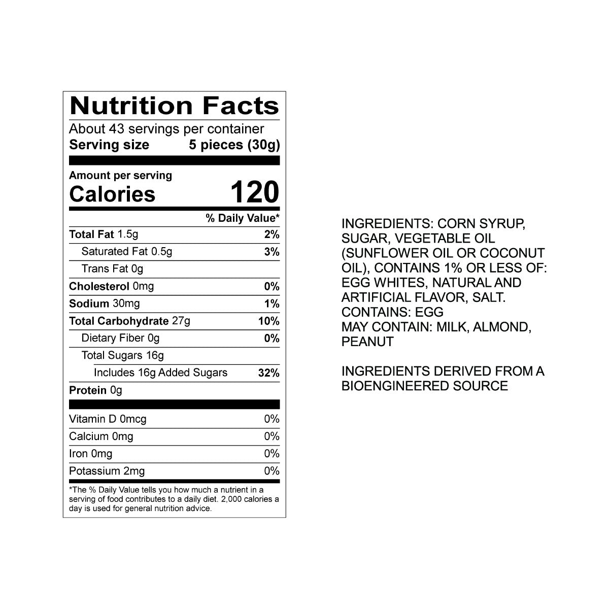 Sweet's Vanilla Taffy Nutrition Fact Panel & Ingredients for the NET WT 2.82LB (1.28kg) Bulk Bag