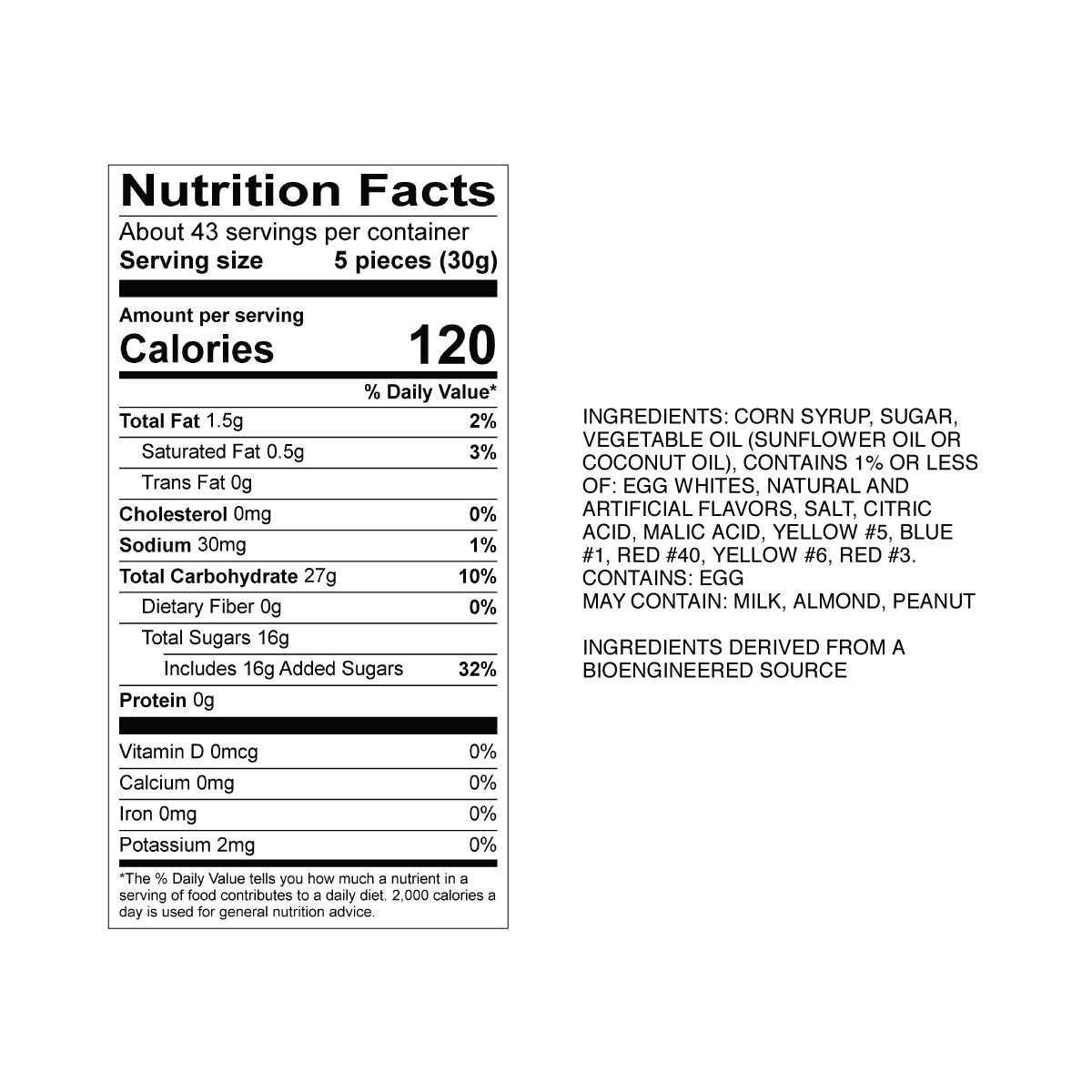 Sweet's Trade Winds Taffy Nutrition Fact Panel & Ingredients for the NET WT 2.82LB (1.28kg) Bulk Bag