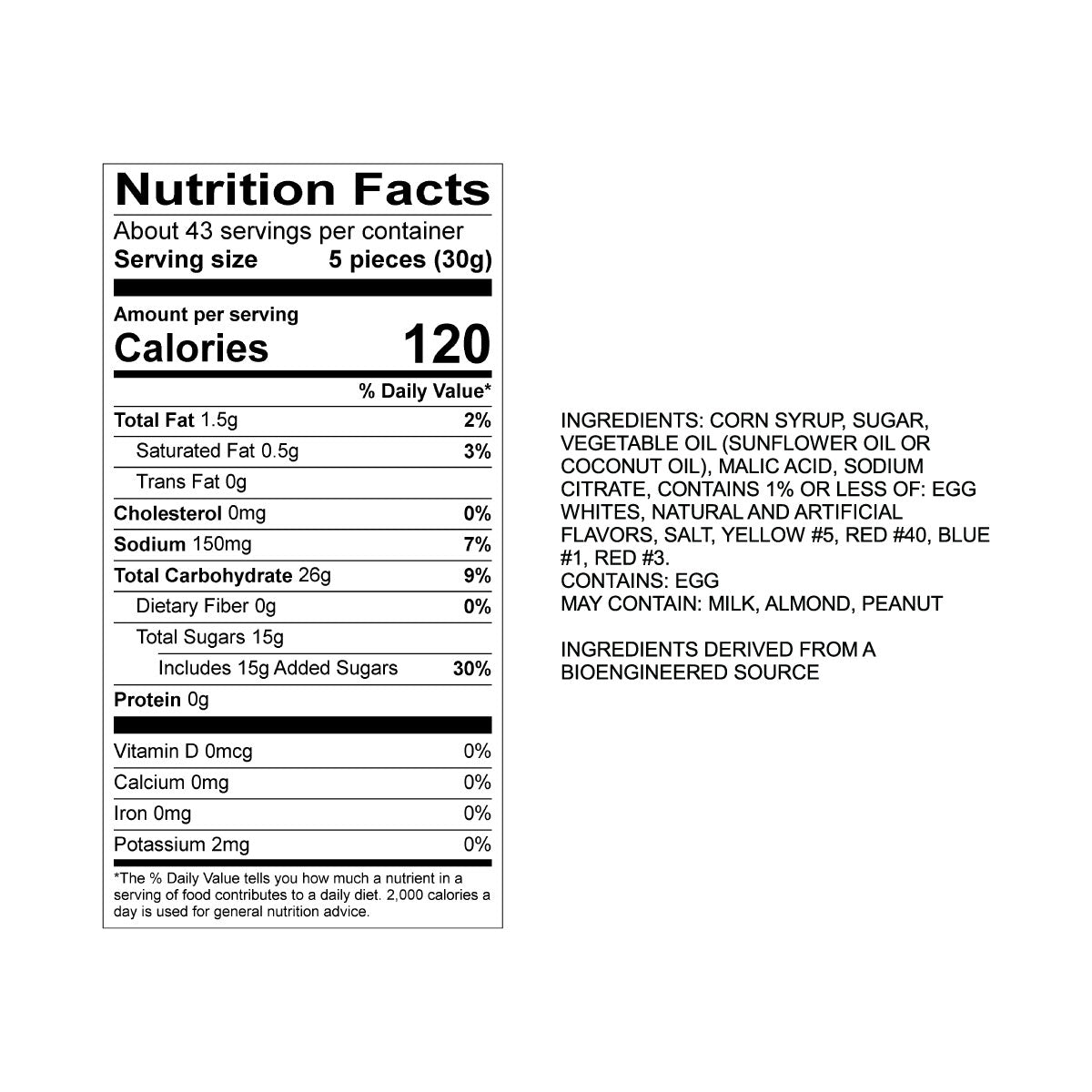 Sweet's Tart 'N Tangy Taffy Nutrition Fact Panel & Ingredients for the NET WT 2.82LB (1.28kg) Bulk Bag