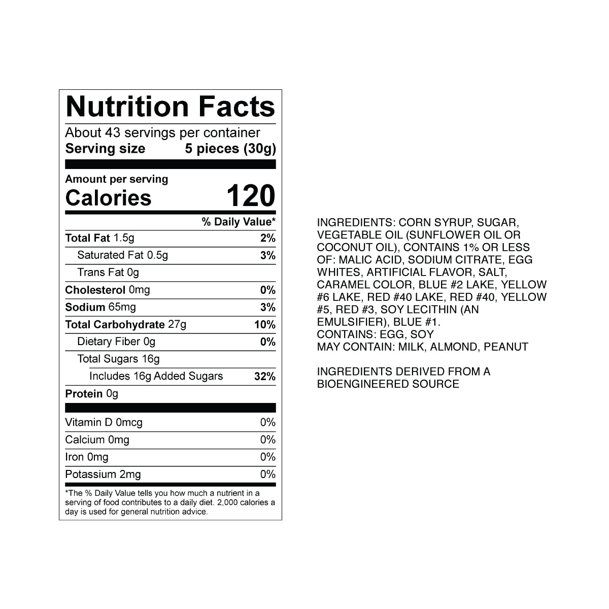 Sweet's Watermelon Taffy Nutrition Fact Panel & Ingredients for the NET WT 2.82LB (1.28kg) Bulk Bag