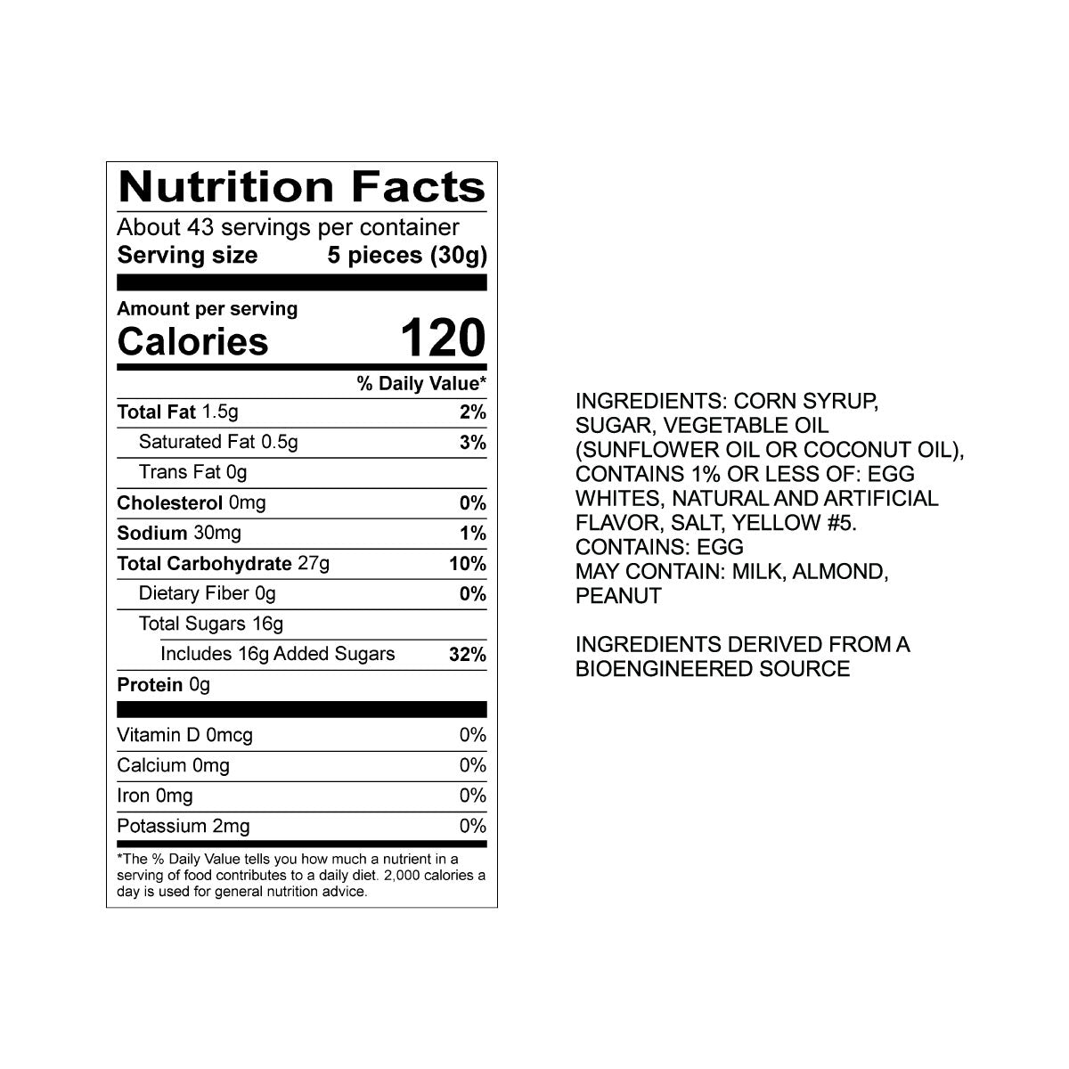 Sweet's Egg Nog Taffy Nutrition Fact Panel & Ingredients for the NET WT 2.82LB (1.28kg) Bulk Bag