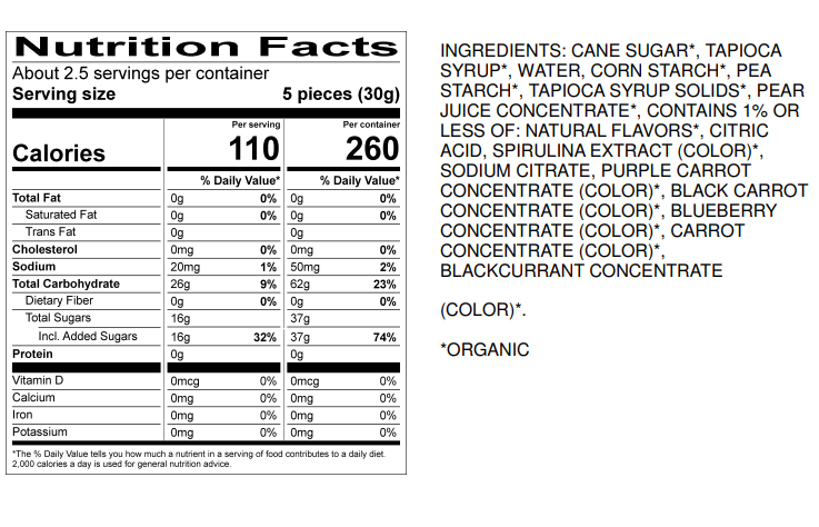 Nutrition facts label and ingredients list for Surf Sweets Sour Rings on a white background