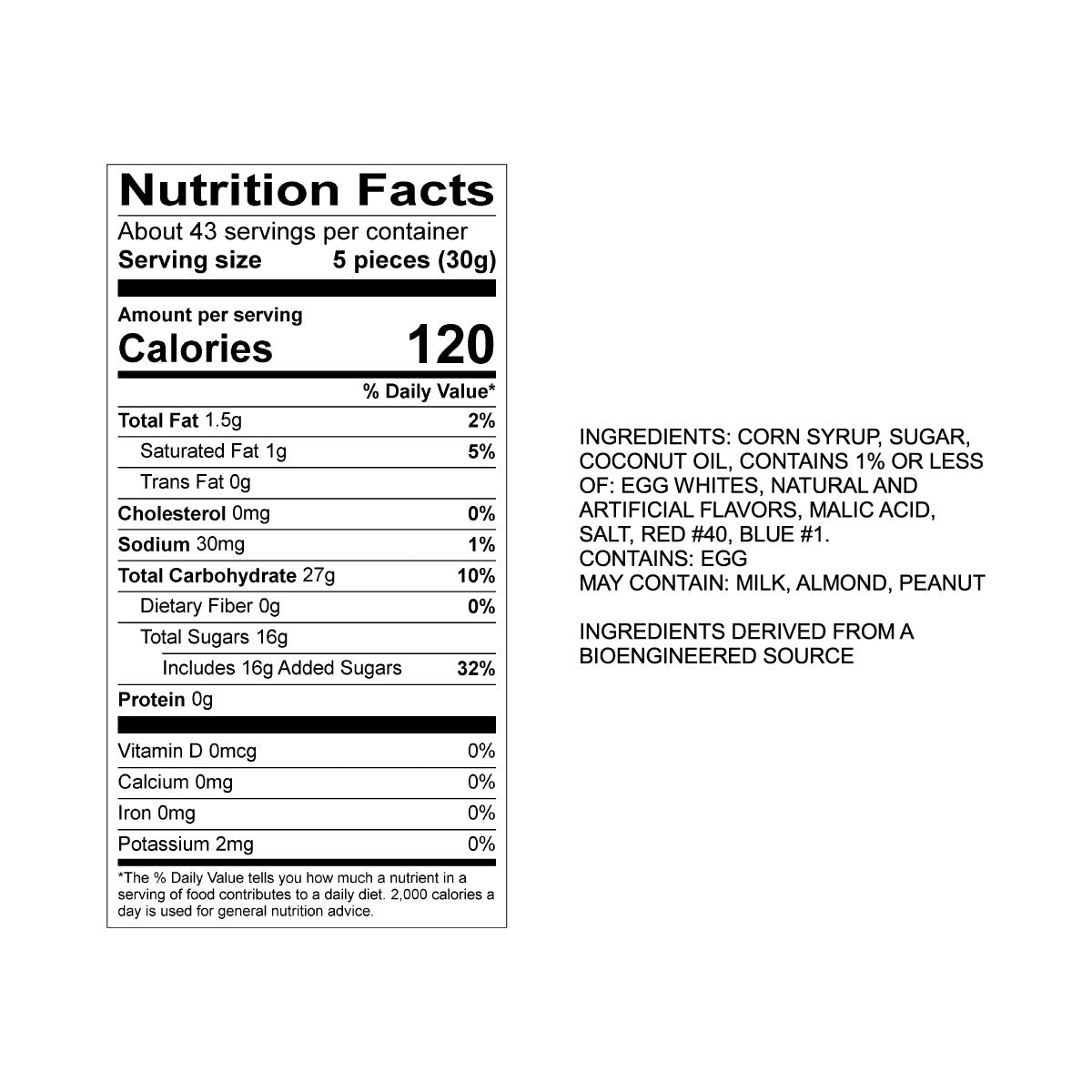 Sweet's All-American Taffy Nutrition Fact Panel & Ingredients for the NET WT 2.82LB (1.28kg) Bulk Bag