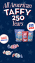 All American Taffy Banner, 250 year anniversary of America, All American Taffy on a blue background with stars