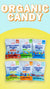 Snack packs with colorful labels on a yellow and blue background, featuring text 'ORGANIC CANDY'.