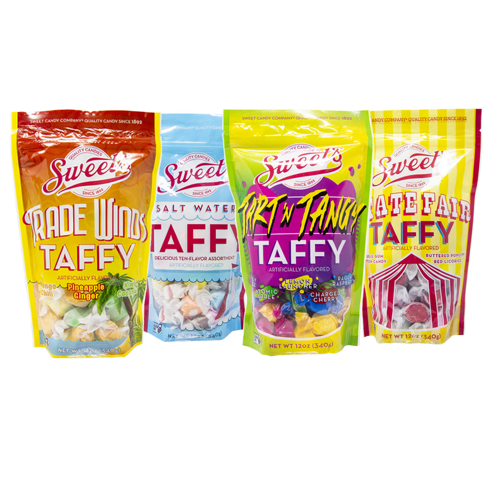 Sweet's 12oz 4-Pack Set | Trade Winds Taffy, 10-Flavor Taffy Assortment, Tart 'N Tangy Taffy, State Fair Taffy